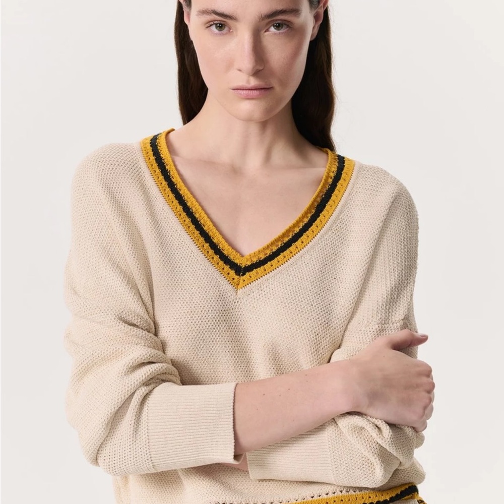 rag & bone Meghan Striped Crochet-Trim V-Neck Sweater